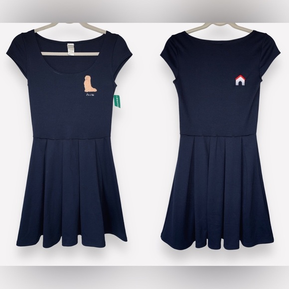 Twik Navy Blue Pleated Skirt Dog/Doghouse Golden Retriever Mini Dress Size XS - Picture 1 of 8
